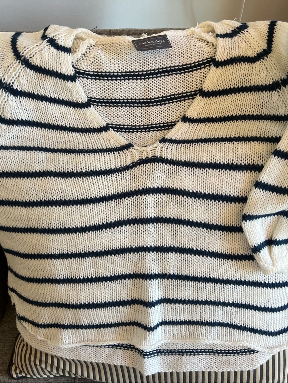 Wooden Ships Cream and Navy Striped V-Neck Sweater